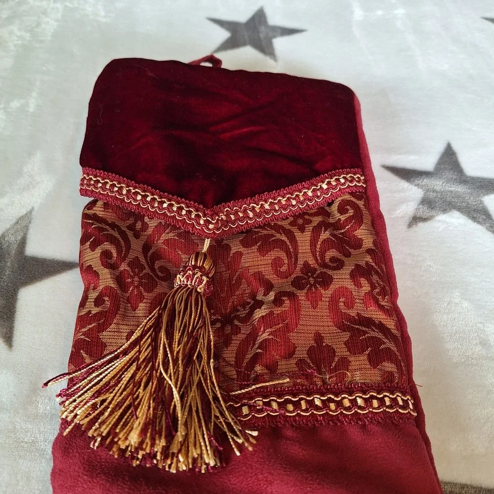 Red Velvet Christmas Stocking Gold Floral Brocade Tassel Beaded Features